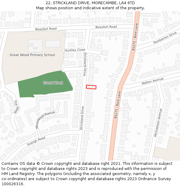 22, STRICKLAND DRIVE, MORECAMBE, LA4 6TD: Location map and indicative extent of plot
