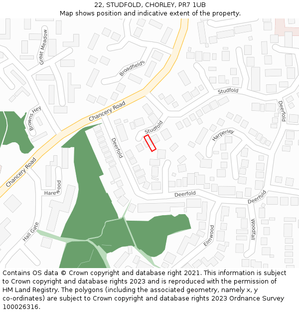 22, STUDFOLD, CHORLEY, PR7 1UB: Location map and indicative extent of plot