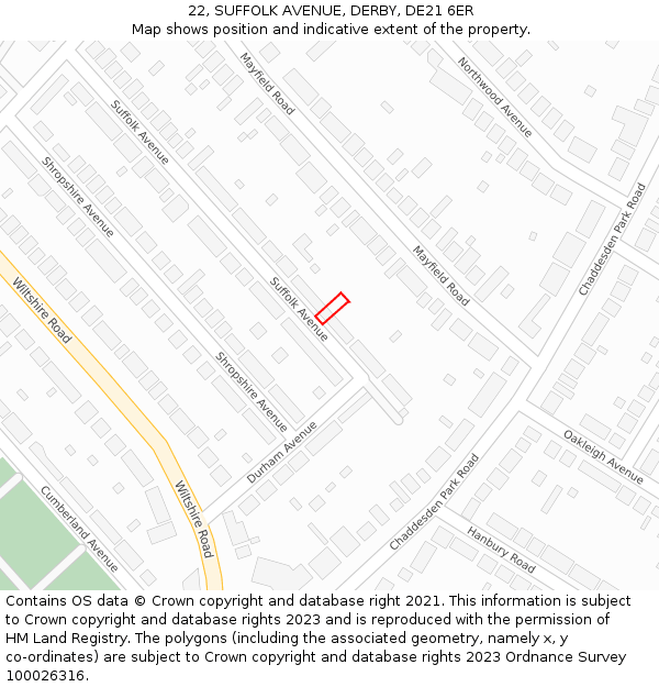 22, SUFFOLK AVENUE, DERBY, DE21 6ER: Location map and indicative extent of plot