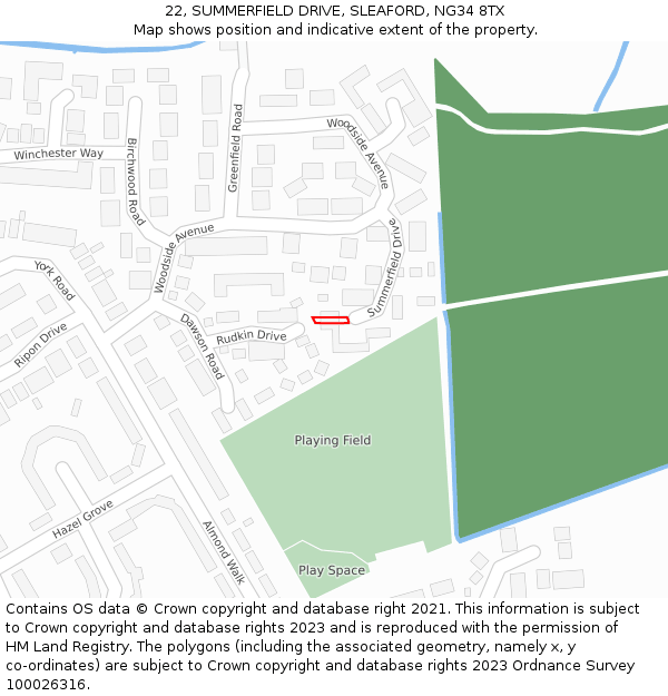 22, SUMMERFIELD DRIVE, SLEAFORD, NG34 8TX: Location map and indicative extent of plot