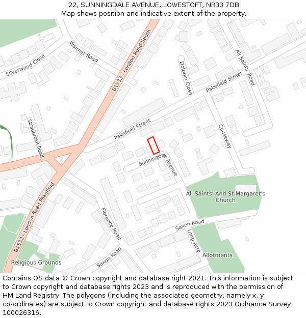22, SUNNINGDALE AVENUE, LOWESTOFT, NR33 7DB: Location map and indicative extent of plot