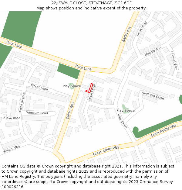 22, SWALE CLOSE, STEVENAGE, SG1 6DF: Location map and indicative extent of plot