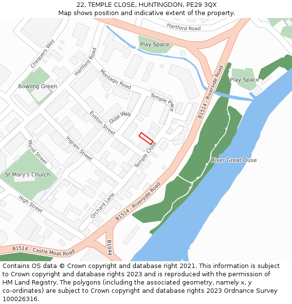 22, TEMPLE CLOSE, HUNTINGDON, PE29 3QX: Location map and indicative extent of plot
