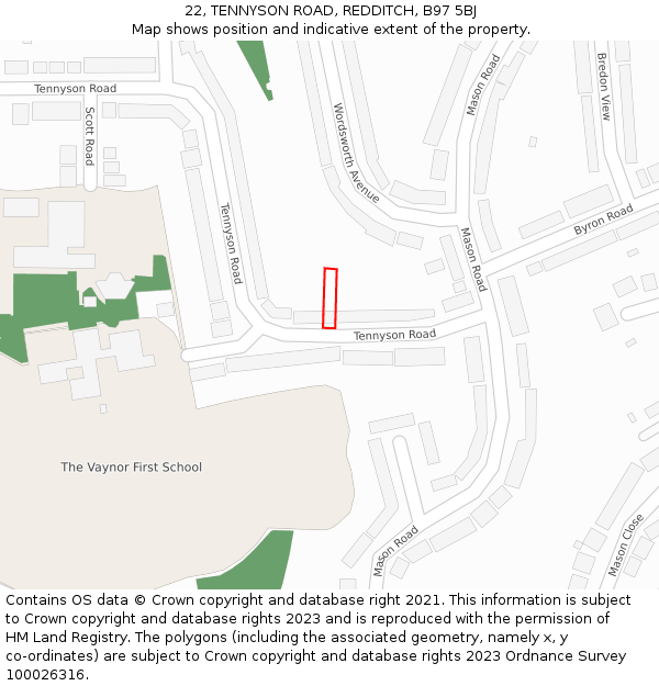 22, TENNYSON ROAD, REDDITCH, B97 5BJ: Location map and indicative extent of plot