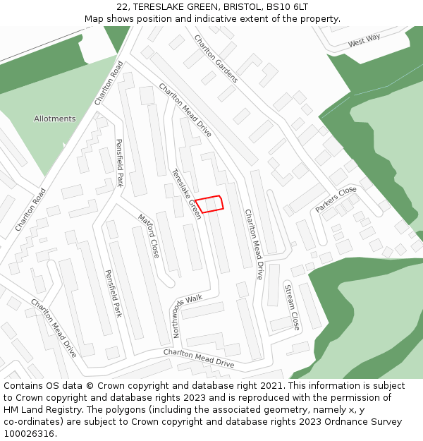 22, TERESLAKE GREEN, BRISTOL, BS10 6LT: Location map and indicative extent of plot
