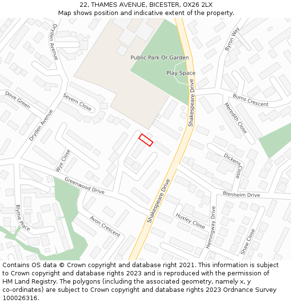 22, THAMES AVENUE, BICESTER, OX26 2LX: Location map and indicative extent of plot