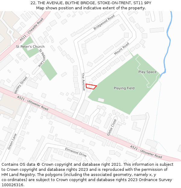 22, THE AVENUE, BLYTHE BRIDGE, STOKE-ON-TRENT, ST11 9PY: Location map and indicative extent of plot