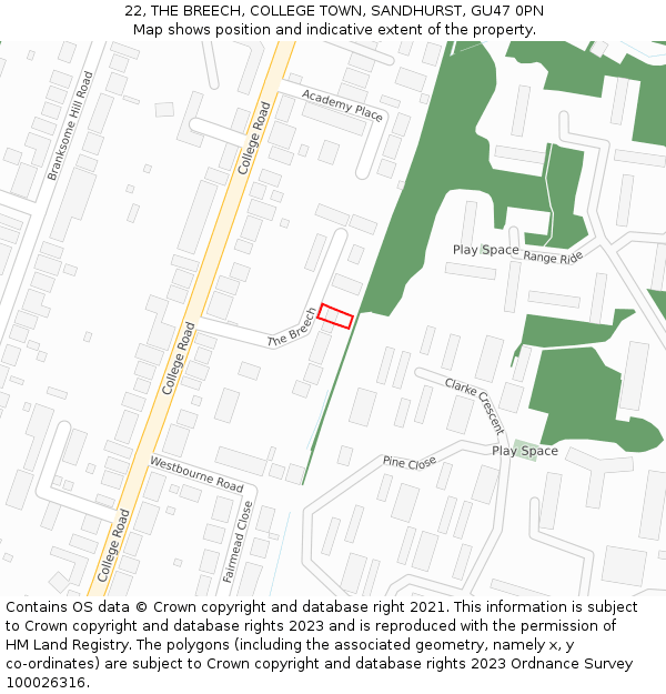 22, THE BREECH, COLLEGE TOWN, SANDHURST, GU47 0PN: Location map and indicative extent of plot