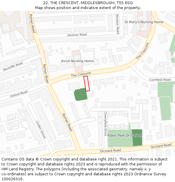 22, THE CRESCENT, MIDDLESBROUGH, TS5 6SQ: Location map and indicative extent of plot