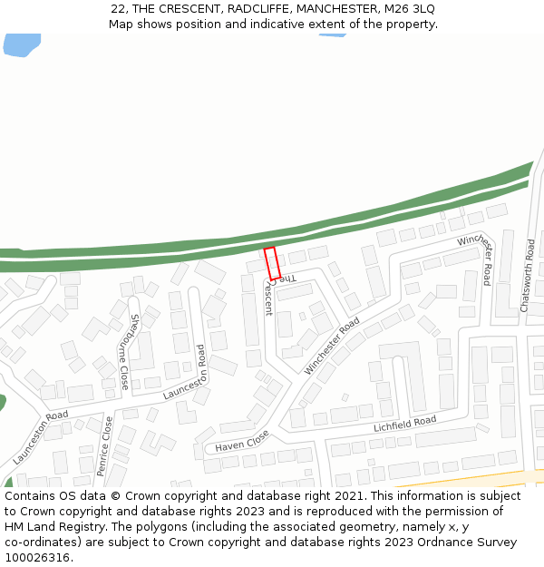 22, THE CRESCENT, RADCLIFFE, MANCHESTER, M26 3LQ: Location map and indicative extent of plot