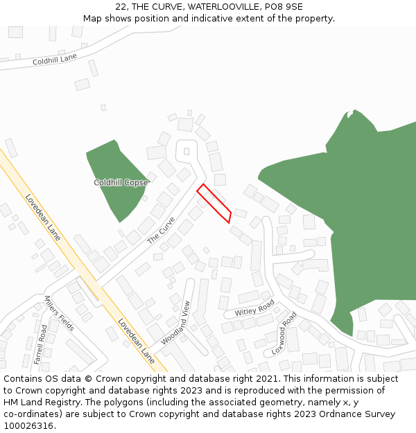 22, THE CURVE, WATERLOOVILLE, PO8 9SE: Location map and indicative extent of plot