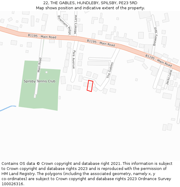 22, THE GABLES, HUNDLEBY, SPILSBY, PE23 5RD: Location map and indicative extent of plot