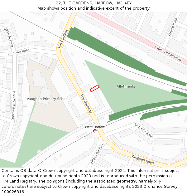 22, THE GARDENS, HARROW, HA1 4EY: Location map and indicative extent of plot