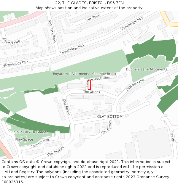 22, THE GLADES, BRISTOL, BS5 7EN: Location map and indicative extent of plot