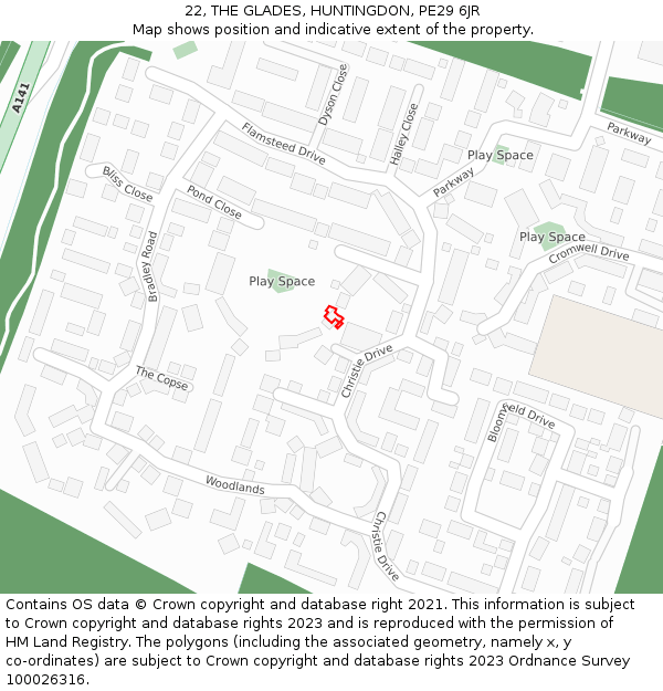 22, THE GLADES, HUNTINGDON, PE29 6JR: Location map and indicative extent of plot