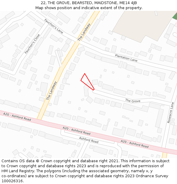 22, THE GROVE, BEARSTED, MAIDSTONE, ME14 4JB: Location map and indicative extent of plot