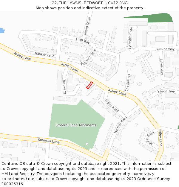 22, THE LAWNS, BEDWORTH, CV12 0NG: Location map and indicative extent of plot