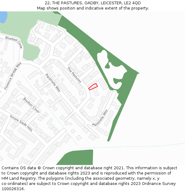 22, THE PASTURES, OADBY, LEICESTER, LE2 4QD: Location map and indicative extent of plot