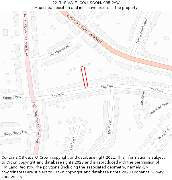 22, THE VALE, COULSDON, CR5 2AW: Location map and indicative extent of plot