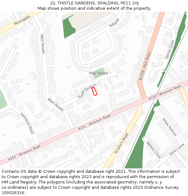 22, THISTLE GARDENS, SPALDING, PE11 1HJ: Location map and indicative extent of plot