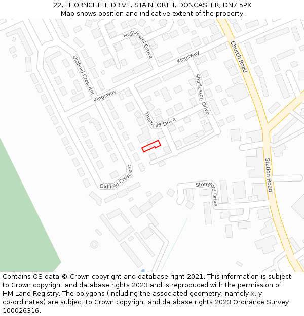22, THORNCLIFFE DRIVE, STAINFORTH, DONCASTER, DN7 5PX: Location map and indicative extent of plot