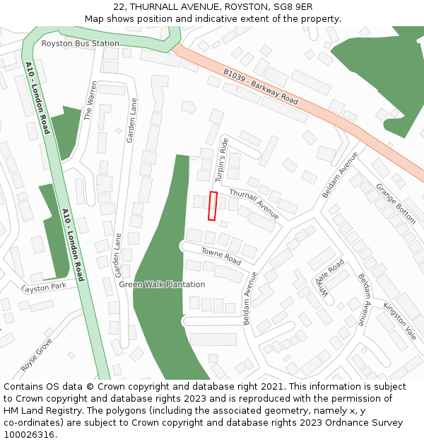 22, THURNALL AVENUE, ROYSTON, SG8 9ER: Location map and indicative extent of plot