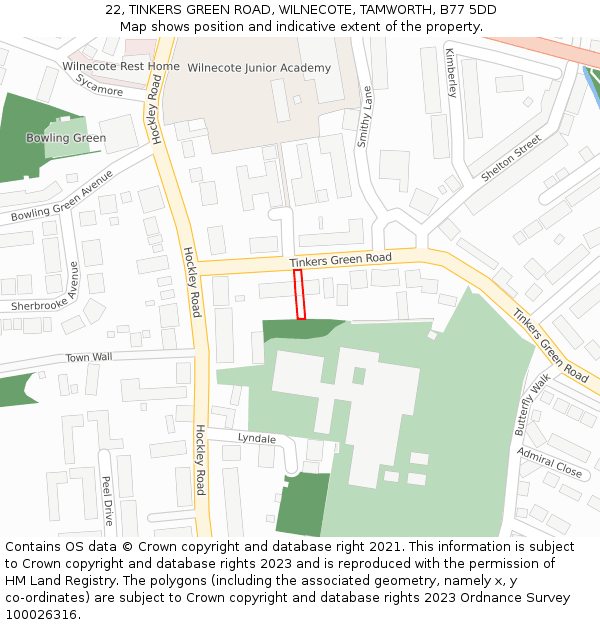 22, TINKERS GREEN ROAD, WILNECOTE, TAMWORTH, B77 5DD: Location map and indicative extent of plot