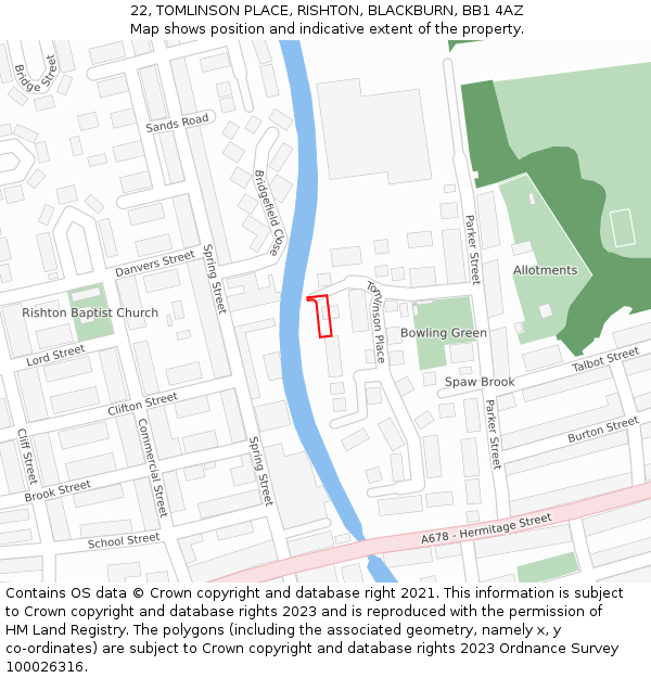 22, TOMLINSON PLACE, RISHTON, BLACKBURN, BB1 4AZ: Location map and indicative extent of plot