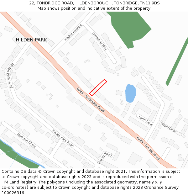 22, TONBRIDGE ROAD, HILDENBOROUGH, TONBRIDGE, TN11 9BS: Location map and indicative extent of plot