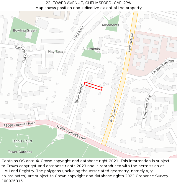 22, TOWER AVENUE, CHELMSFORD, CM1 2PW: Location map and indicative extent of plot