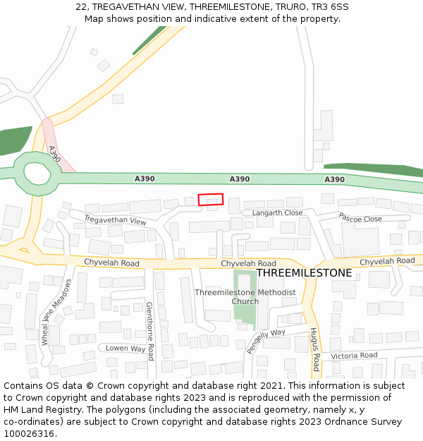 22, TREGAVETHAN VIEW, THREEMILESTONE, TRURO, TR3 6SS: Location map and indicative extent of plot