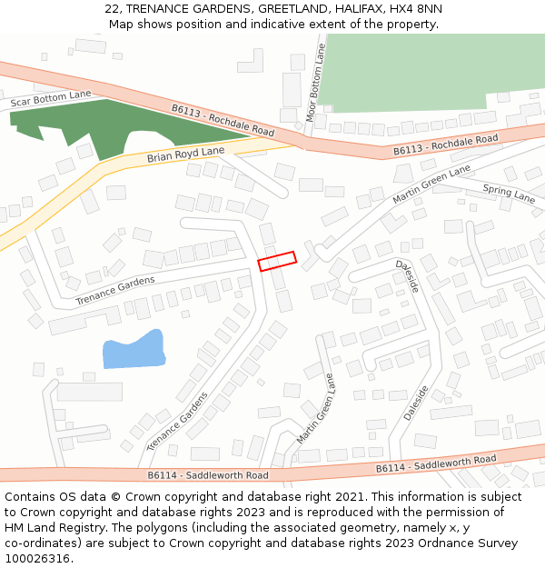 22, TRENANCE GARDENS, GREETLAND, HALIFAX, HX4 8NN: Location map and indicative extent of plot