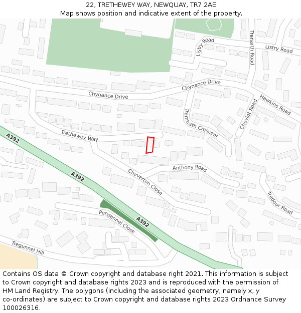 22, TRETHEWEY WAY, NEWQUAY, TR7 2AE: Location map and indicative extent of plot