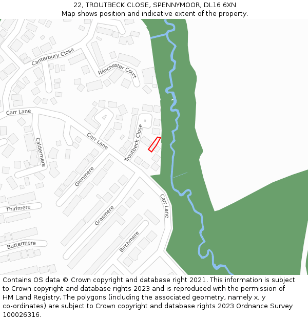 22, TROUTBECK CLOSE, SPENNYMOOR, DL16 6XN: Location map and indicative extent of plot