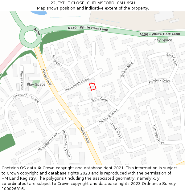22, TYTHE CLOSE, CHELMSFORD, CM1 6SU: Location map and indicative extent of plot