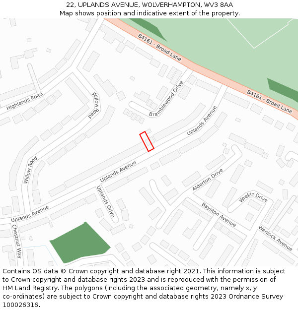 22, UPLANDS AVENUE, WOLVERHAMPTON, WV3 8AA: Location map and indicative extent of plot