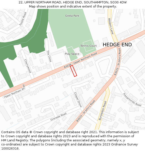 22, UPPER NORTHAM ROAD, HEDGE END, SOUTHAMPTON, SO30 4DW: Location map and indicative extent of plot