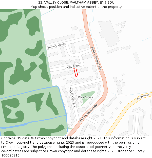 22, VALLEY CLOSE, WALTHAM ABBEY, EN9 2DU: Location map and indicative extent of plot