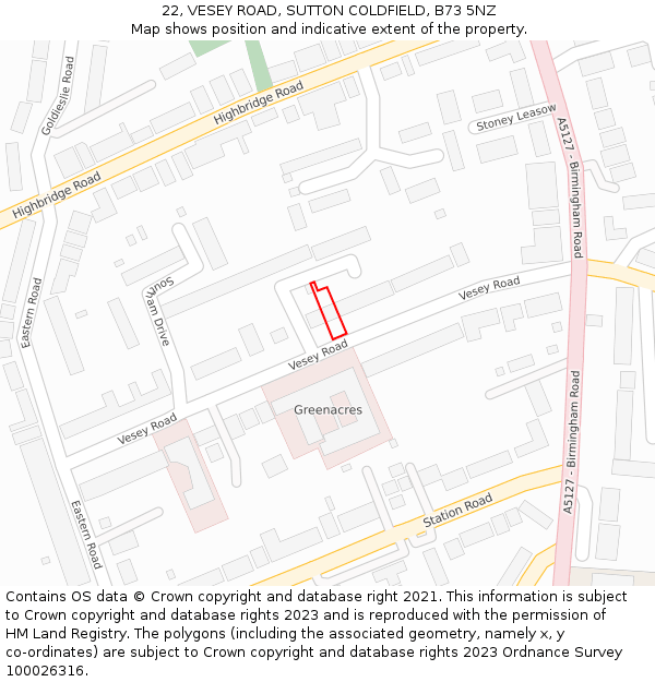 22, VESEY ROAD, SUTTON COLDFIELD, B73 5NZ: Location map and indicative extent of plot