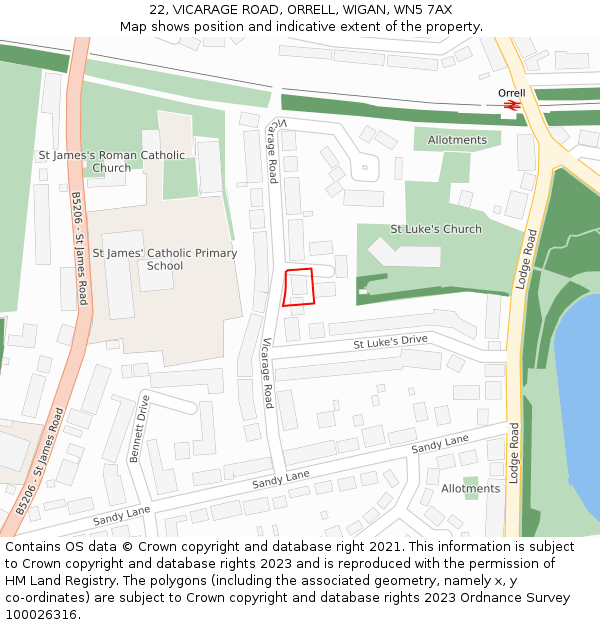 22, VICARAGE ROAD, ORRELL, WIGAN, WN5 7AX: Location map and indicative extent of plot
