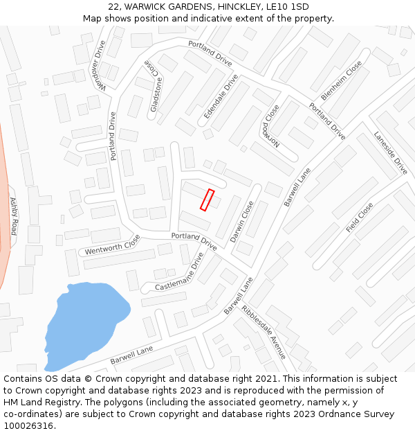 22, WARWICK GARDENS, HINCKLEY, LE10 1SD: Location map and indicative extent of plot