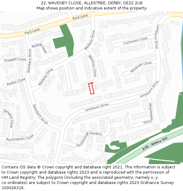 22, WAVENEY CLOSE, ALLESTREE, DERBY, DE22 2UE: Location map and indicative extent of plot