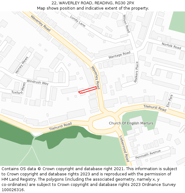 22, WAVERLEY ROAD, READING, RG30 2PX: Location map and indicative extent of plot