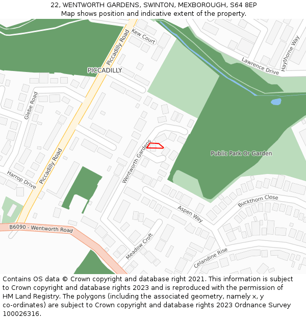 22, WENTWORTH GARDENS, SWINTON, MEXBOROUGH, S64 8EP: Location map and indicative extent of plot