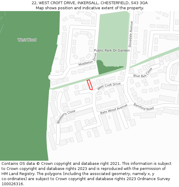 22, WEST CROFT DRIVE, INKERSALL, CHESTERFIELD, S43 3GA: Location map and indicative extent of plot