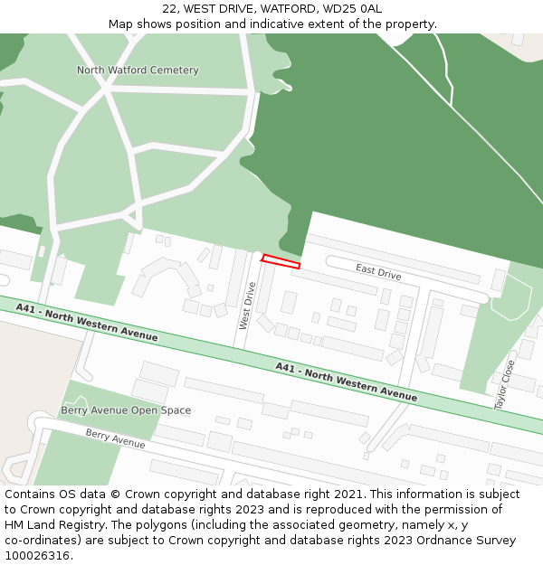 22, WEST DRIVE, WATFORD, WD25 0AL: Location map and indicative extent of plot