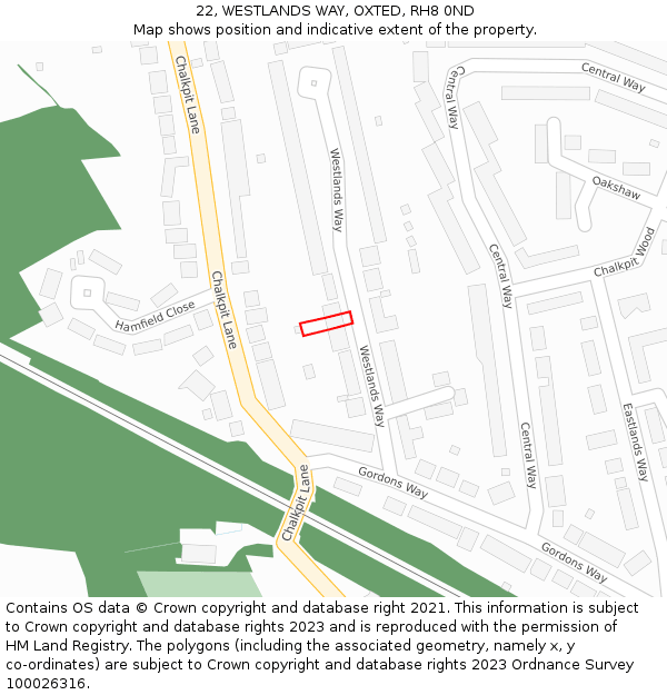 22, WESTLANDS WAY, OXTED, RH8 0ND: Location map and indicative extent of plot