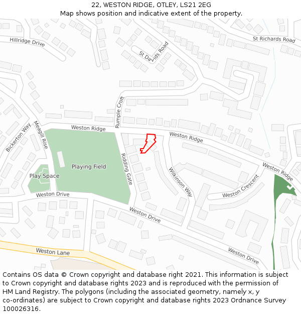 22, WESTON RIDGE, OTLEY, LS21 2EG: Location map and indicative extent of plot