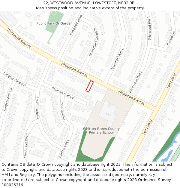 22, WESTWOOD AVENUE, LOWESTOFT, NR33 9RH: Location map and indicative extent of plot