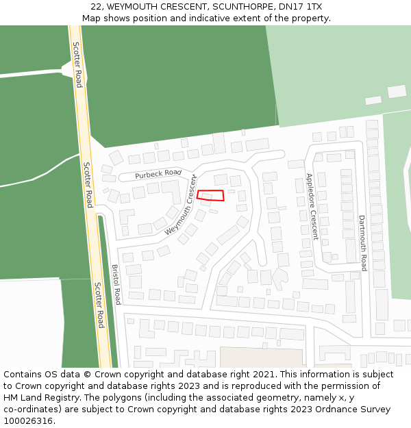 22, WEYMOUTH CRESCENT, SCUNTHORPE, DN17 1TX: Location map and indicative extent of plot